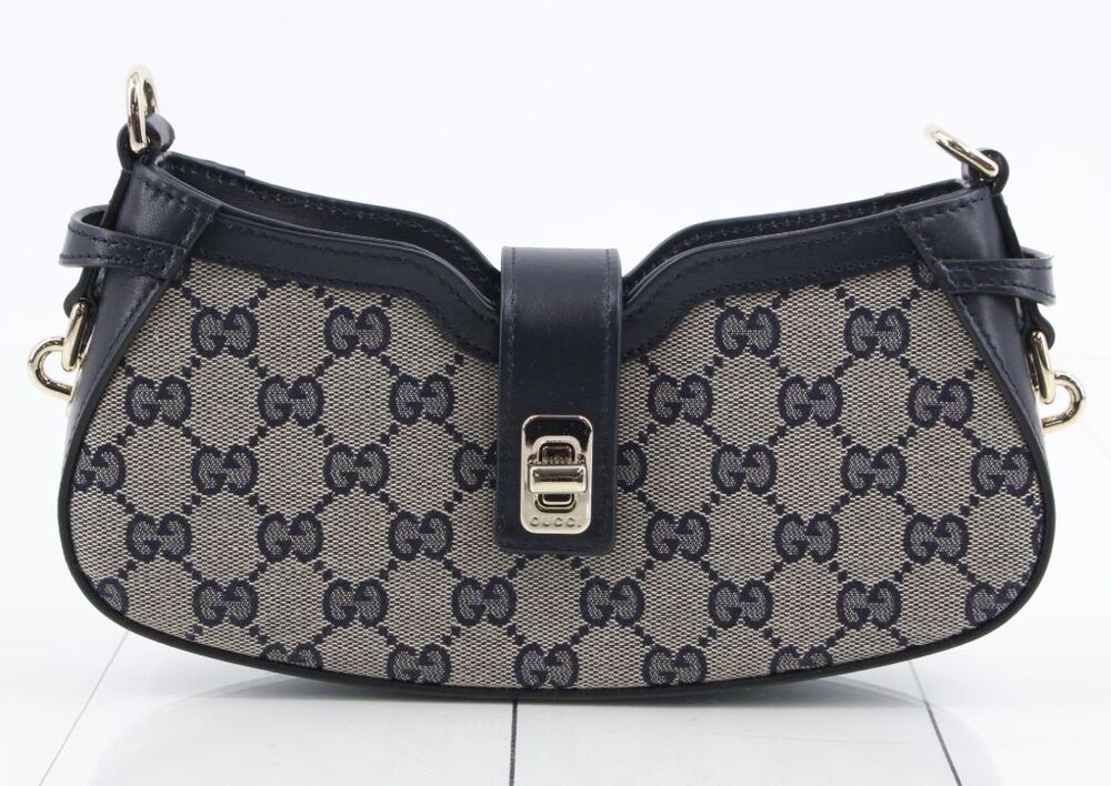 Gucci Moon Side Shoulder Bag GG Canvas Mini Navy Blue Green & Red Strap Dust Bag